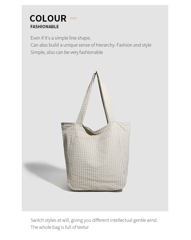 Beige Stylish Lightweight Seersucker Gingham Tote Bag - Spacious Multi-Pocket Shoulder Bag with Zipper - Image 2