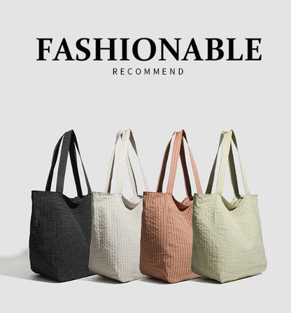 Beige Stylish Lightweight Seersucker Gingham Tote Bag - Spacious Multi-Pocket Shoulder Bag with Zipper - Image 3