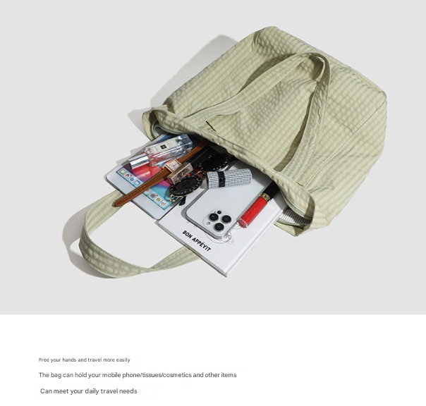 Beige Stylish Lightweight Seersucker Gingham Tote Bag - Spacious Multi-Pocket Shoulder Bag with Zipper - Image 5