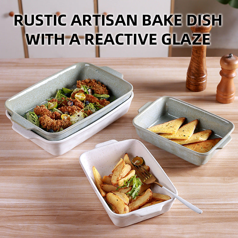 Green Elegant Speckled Ceramic Rectangular Baking Dish - 800ML Oven & Microwave Safe Casserole Pan with Handles - Image 2
