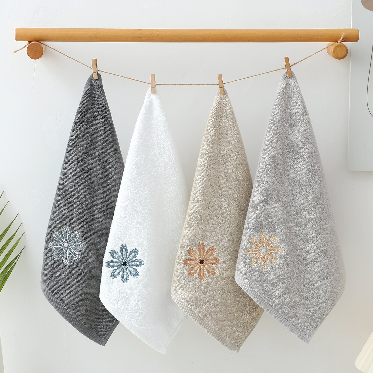 White 4-Pack Elegant Green Floral Embroidered Cotton Hand Towels - Ultra Soft & Absorbent  - Image 3