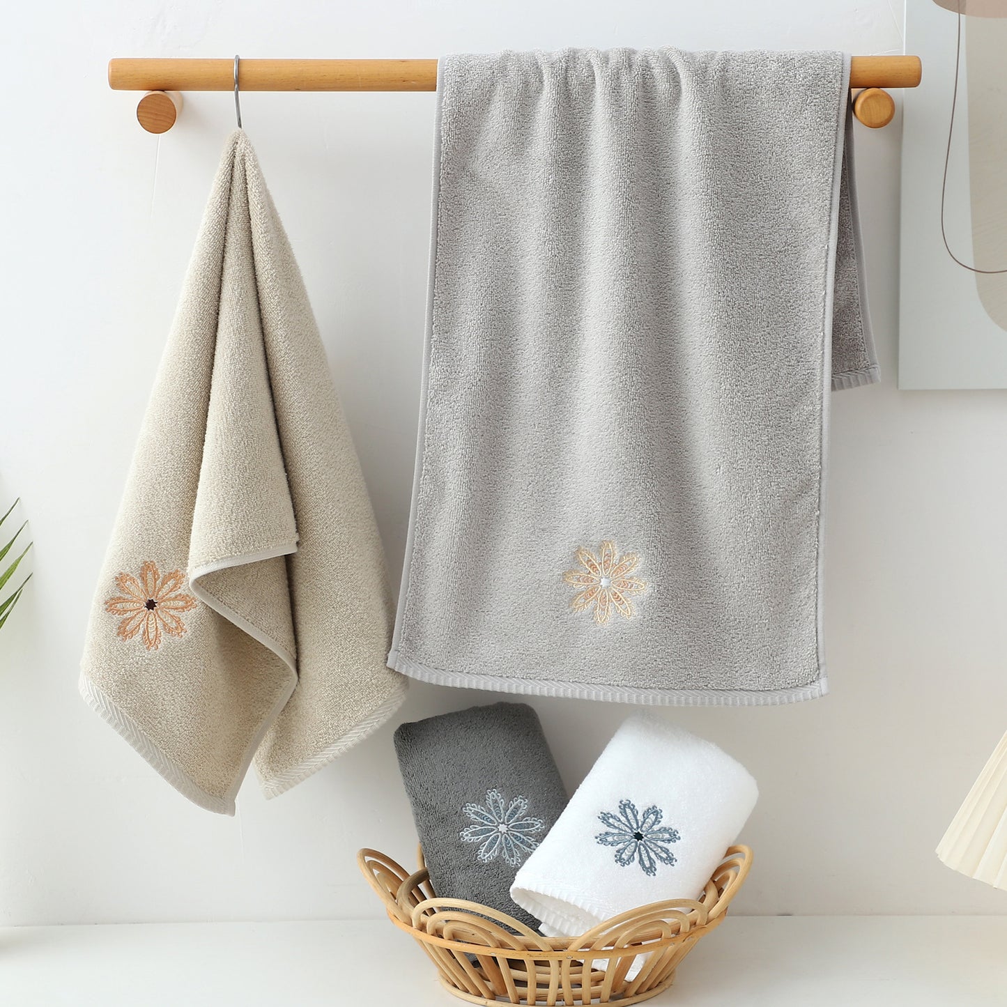 Grey 4-Pack Elegant Glod Floral Embroidered Cotton Hand Towels - Ultra Soft & Absorbent  - Image 4
