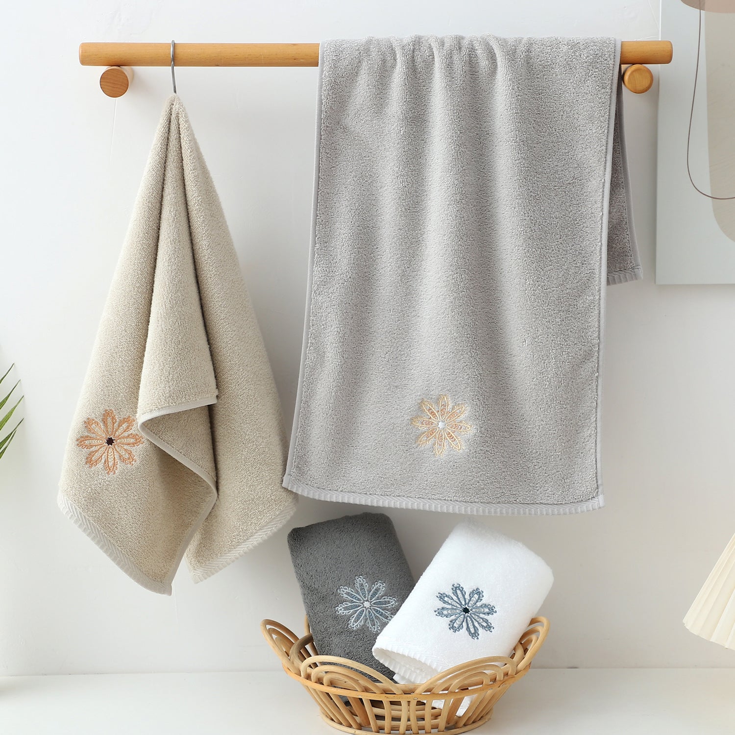 Dark Grey 4-Pack Elegant Blue Floral Embroidered Cotton Hand Towels - Ultra Soft & Absorbent  - Image 4