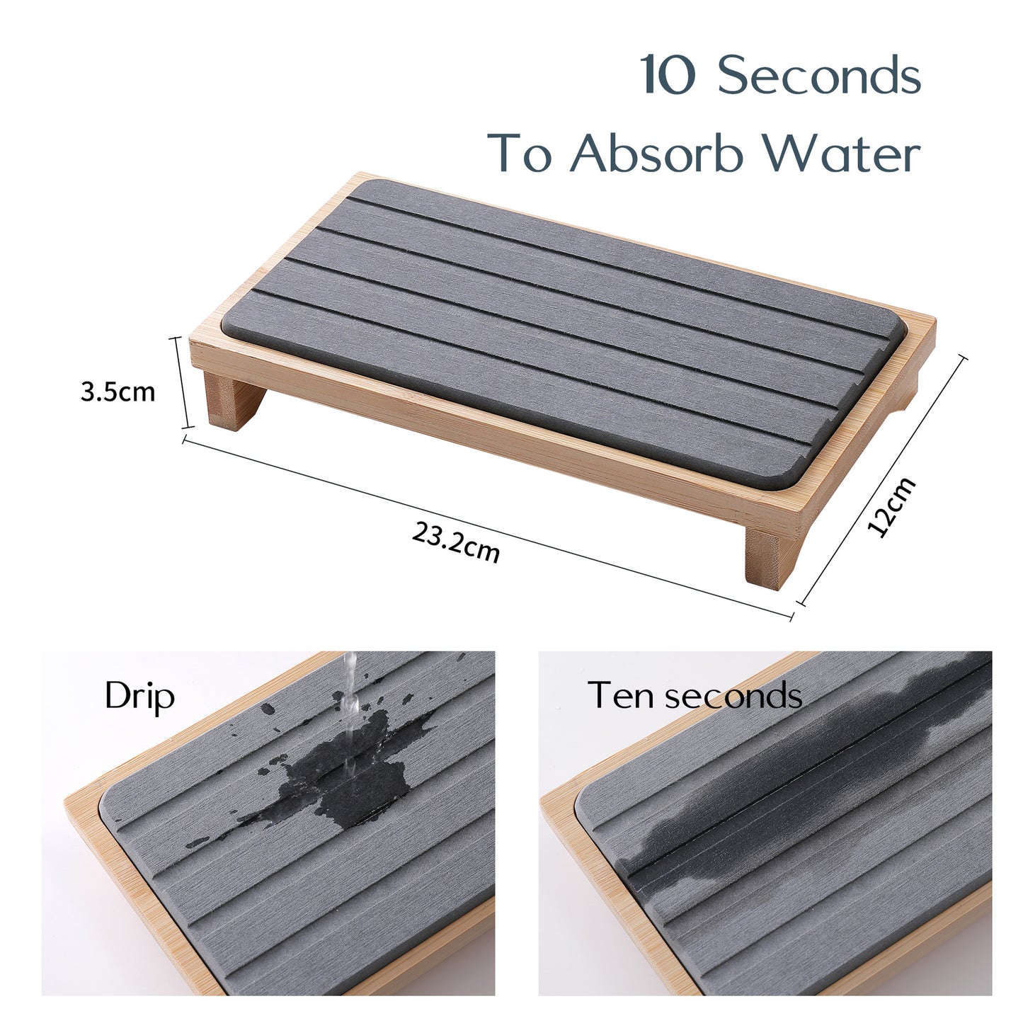 Dark Grey Natural Diatomaceous Earth Absorbent Drying Tray with Bamboo Base - Quick-Dry Stone Mat for Kitchen & Bathroom Sink - Image 3