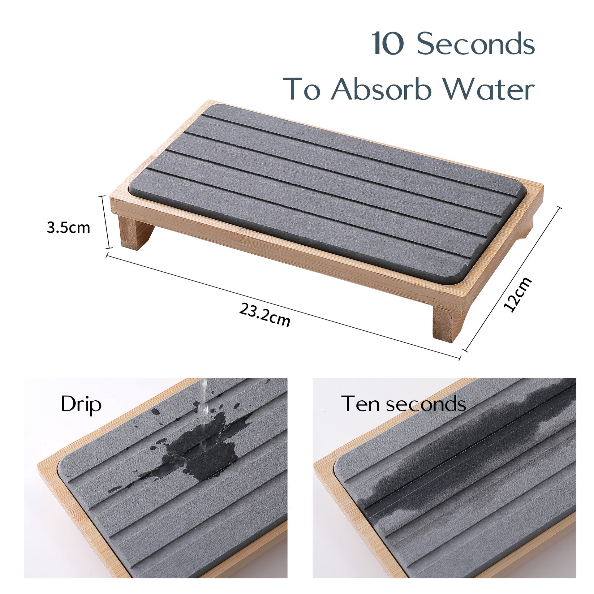 Dark Grey Natural Diatomaceous Earth Absorbent Drying Tray with Bamboo Base - Quick-Dry Stone Mat for Kitchen & Bathroom Sink - Image 3