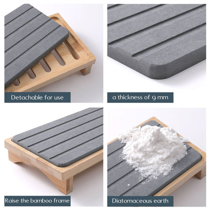 Dark Grey Natural Diatomaceous Earth Absorbent Drying Tray with Bamboo Base - Quick-Dry Stone Mat for Kitchen & Bathroom Sink - Image 4
