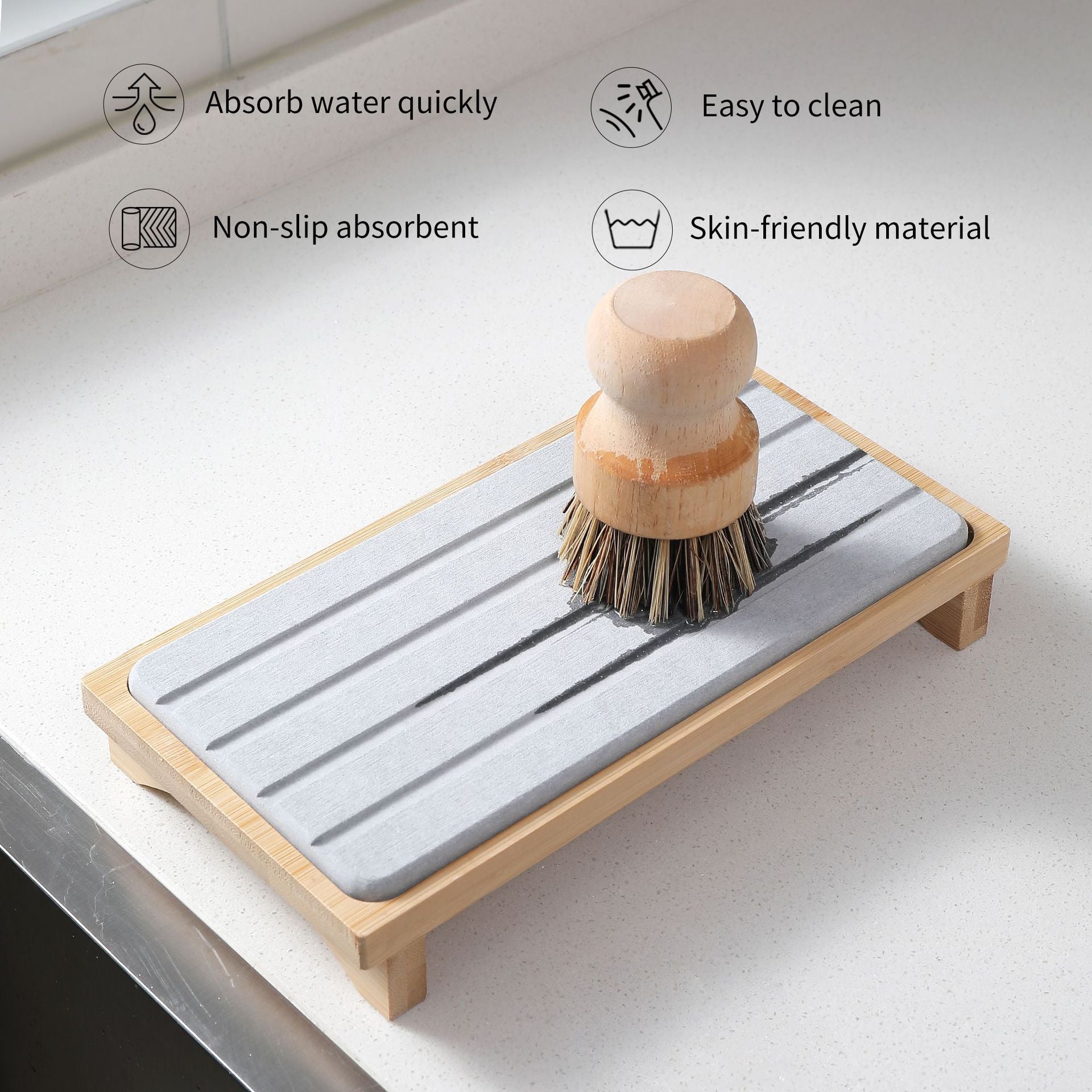 White Natural Diatomaceous Earth Absorbent Drying Tray with Bamboo Base - Quick-Dry Stone Mat for Kitchen & Bathroom Sink - Image 2