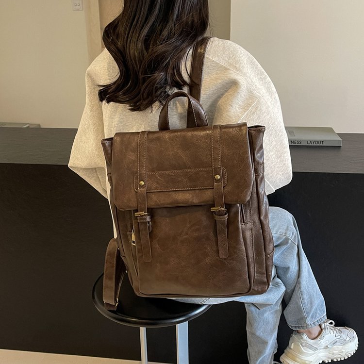 Brown Vintage Style PU Leather Backpack - Large Capacity Women's Rucksack for University, Commute & Travel - Image 4