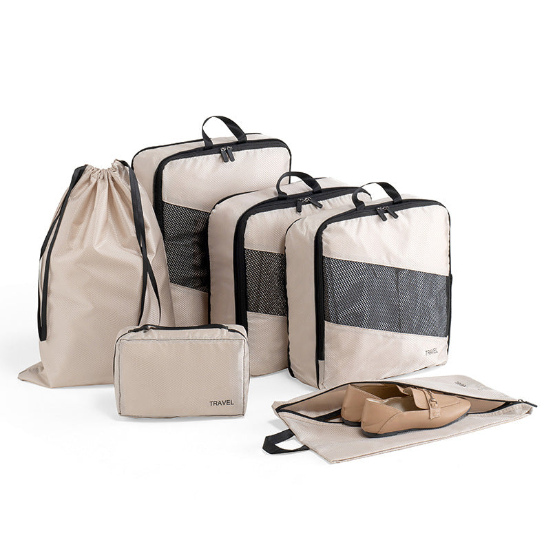 Beige and Black Premium 6-Piece Compression Packing Cubes Set - Lightweight Polyester Travel Organizers for Luggage, Includes Shoe Bag & Toiletry Pouch