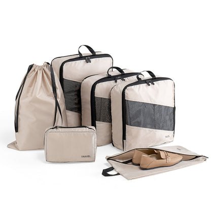Beige and Black Premium 6-Piece Compression Packing Cubes Set - Lightweight Polyester Travel Organizers for Luggage, Includes Shoe Bag & Toiletry Pouch