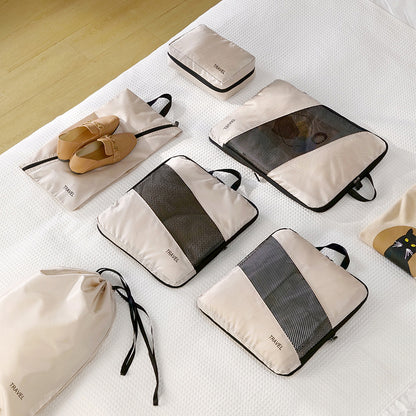 Beige and Black Premium 6-Piece Compression Packing Cubes Set - Lightweight Polyester Travel Organizers for Luggage, Includes Shoe Bag & Toiletry Pouch - Image 2