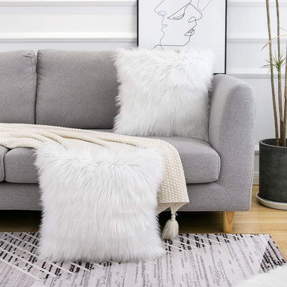 White Luxurious Long Faux Fur Cushion Covers - Set of 2, 45x45cm Soft Plush Decorative Pillowcases for Sofa & Bed - Image 3
