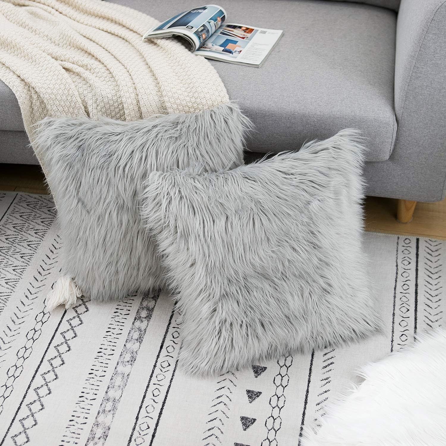 Grey Luxurious Long Faux Fur Cushion Covers - Set of 2, 45x45cm Soft Plush Decorative Pillowcases for Sofa & Bed - Image 3