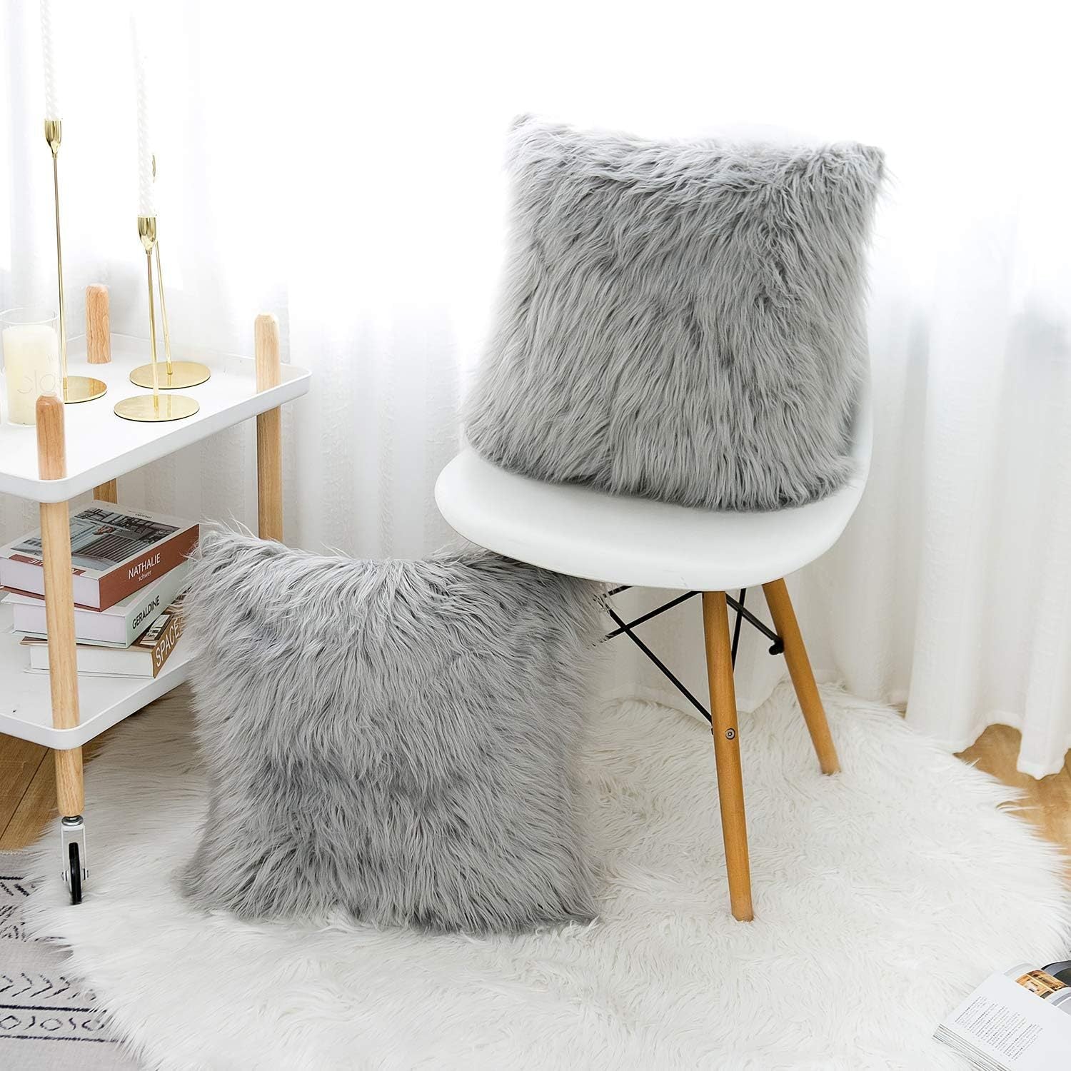 Grey Luxurious Long Faux Fur Cushion Covers - Set of 2, 45x45cm Soft Plush Decorative Pillowcases for Sofa & Bed - Image 4