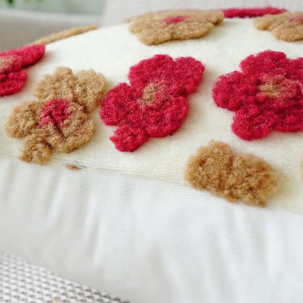 Red and Brown Charming 3D Floral Plush Cushion Covers - Set of 4, 45x45cm Soft Faux Lambswool Pillowcases for Sofa & Bed Decor - Image 4
