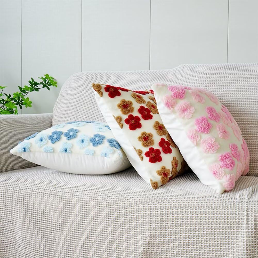 Green and Yellow Charming 3D Floral Plush Cushion Covers - Set of 4, 45x45cm Soft Faux Lambswool Pillowcases for Sofa & Bed Decor - Image 3