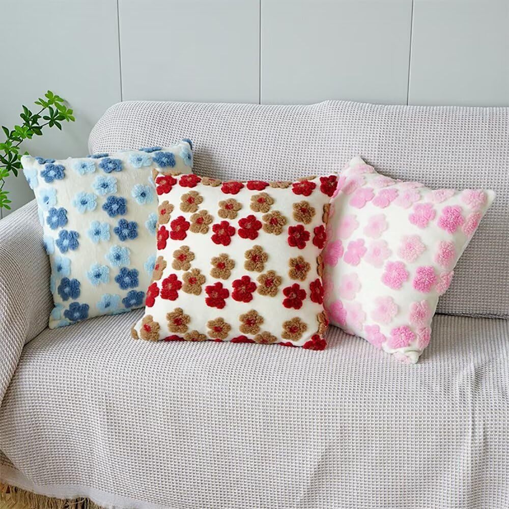 Blue Charming 3D Floral Plush Cushion Covers - Set of 4, 45x45cm Soft Faux Lambswool Pillowcases for Sofa & Bed Decor - Image 2