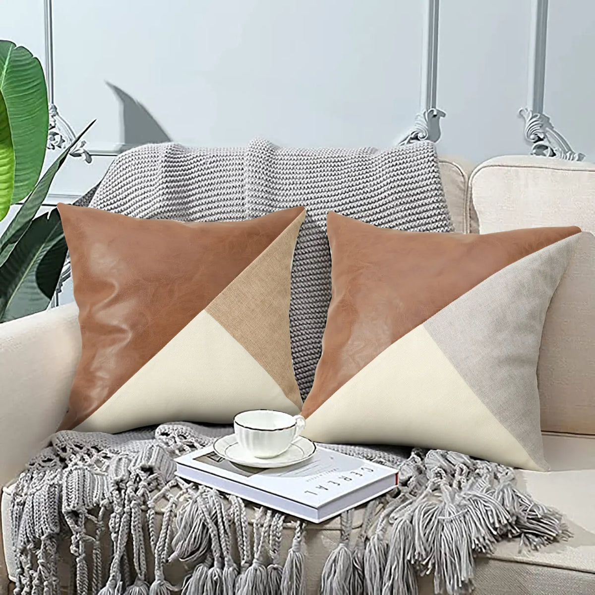 Khaki and Gray Modern Geometric Faux Leather & Cotton-Linen Cushion Covers - Set of 2, 45x45cm Decorative Pillowcases for Sofa & Car