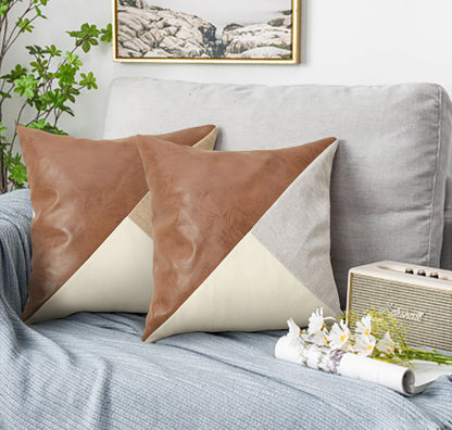 Khaki and Gray Modern Geometric Faux Leather & Cotton-Linen Cushion Covers - Set of 2, 45x45cm Decorative Pillowcases for Sofa & Car - Image 2