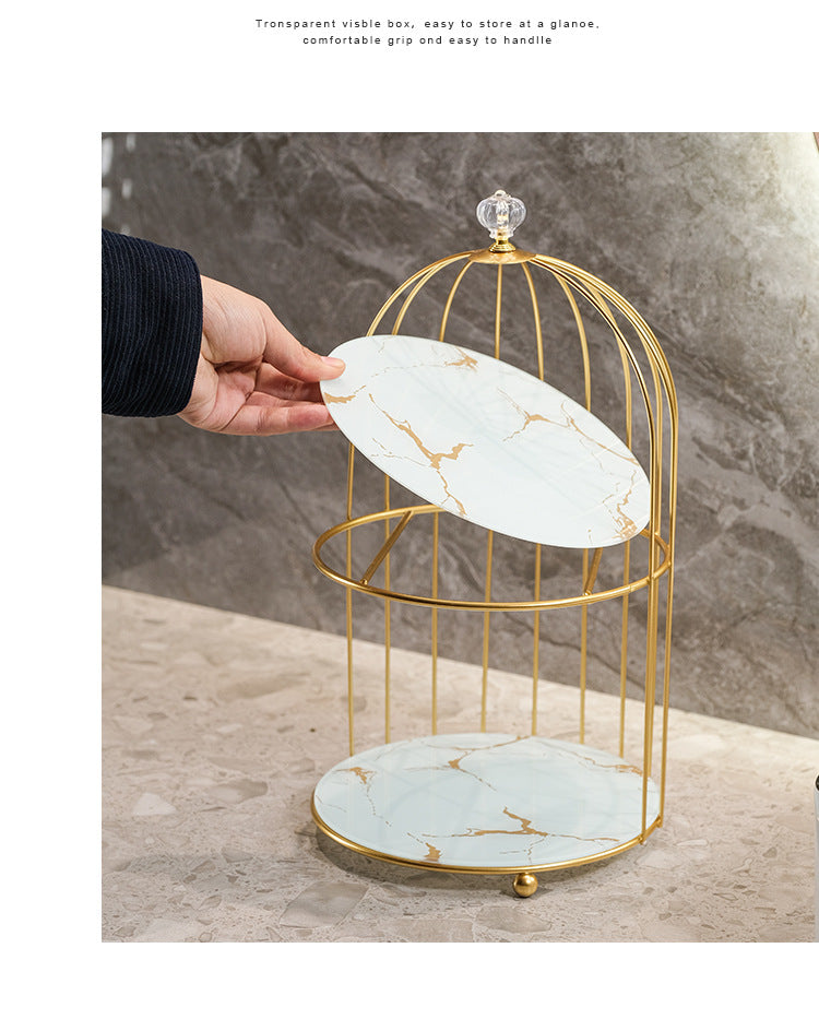 Gold and White Elegant 2-Tier Gold Birdcage Cosmetic Organizer - Wrought Iron Countertop Storage Rack for Skincare, Makeup & Jewelry - Image 2