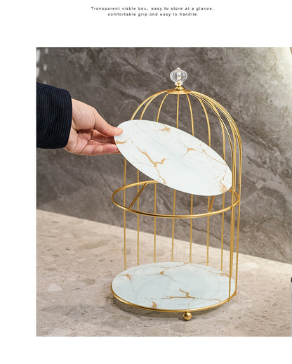 Gold and White Elegant 2-Tier Gold Birdcage Cosmetic Organizer - Wrought Iron Countertop Storage Rack for Skincare, Makeup & Jewelry - Image 2