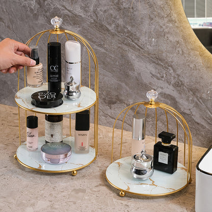 Gold and White Elegant 2-Tier Gold Birdcage Cosmetic Organizer - Wrought Iron Countertop Storage Rack for Skincare, Makeup & Jewelry - Image 6