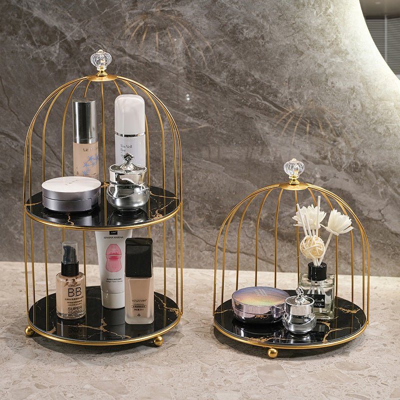Gold and Black Elegant 2-Tier Gold Birdcage Cosmetic Organizer - Wrought Iron Countertop Storage Rack for Skincare, Makeup & Jewelry - Image 2