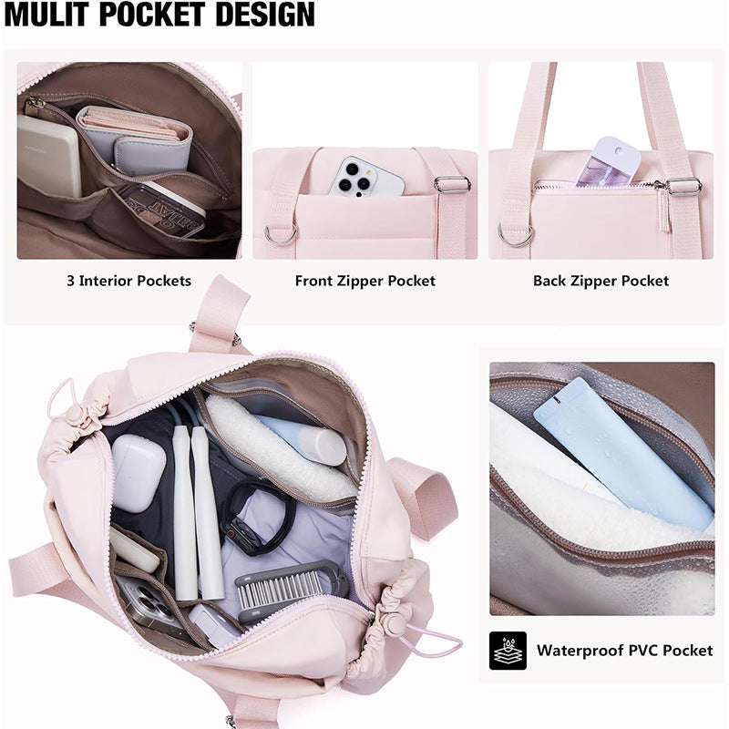Beige Chic Women's Mini Gym Duffel Bag - Lightweight Nylon Shoulder Tote with Wet Pocket, Multiple Compartments & Removable Pouch - Image 3