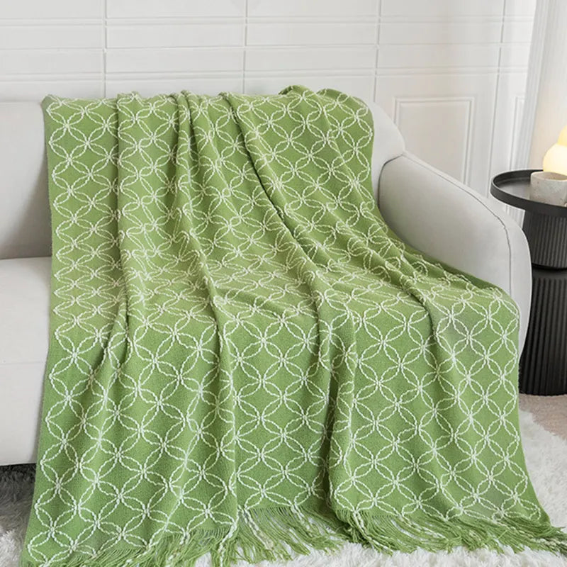 Light Green Cozy Geometric Knitted Throw Blanket with Tassels - Soft Acrylic Decorative Sofa & Bed Cover, 130x180cm
