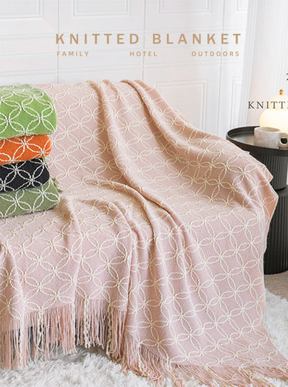 Black Cozy Geometric Knitted Throw Blanket with Tassels - Soft Acrylic Decorative Sofa & Bed Cover, 130x180cm - Image 2