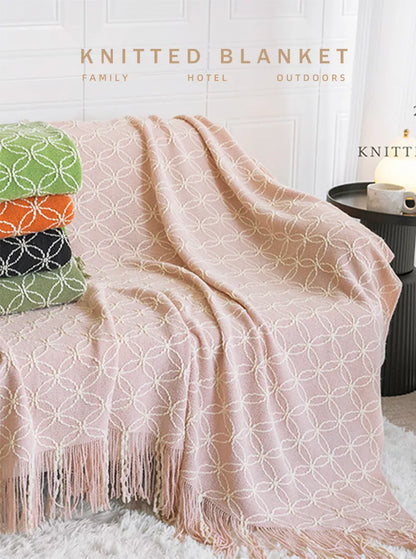 Black Cozy Geometric Knitted Throw Blanket with Tassels - Soft Acrylic Decorative Sofa & Bed Cover, 130x180cm - Image 2