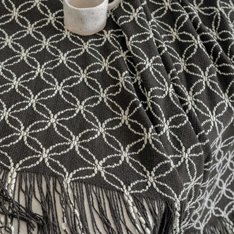 Black Cozy Geometric Knitted Throw Blanket with Tassels - Soft Acrylic Decorative Sofa & Bed Cover, 130x180cm - Image 5