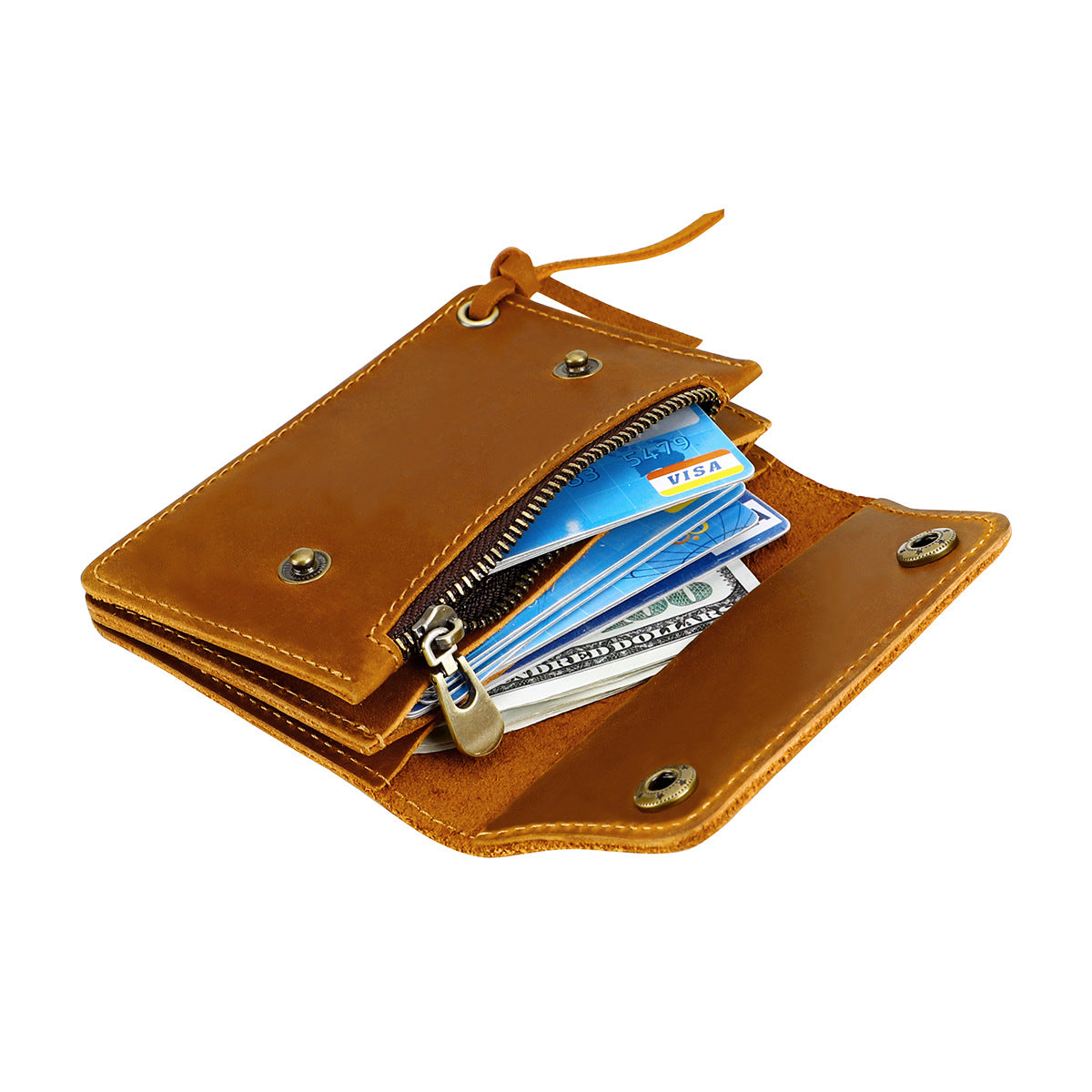 Green Vintage Handmade Crazy Horse Leather Wallet - Compact Card Holder & Zippered Coin Purse with Snap Closure - Image 6