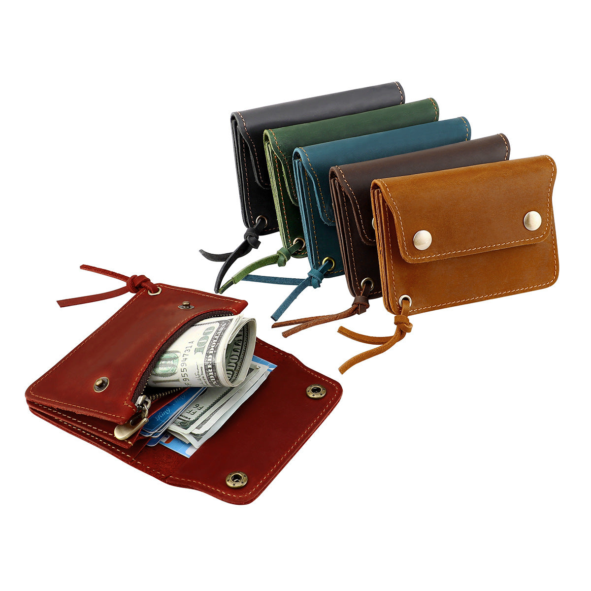 Blue Vintage Handmade Crazy Horse Leather Wallet - Compact Card Holder & Zippered Coin Purse with Snap Closure - Image 2