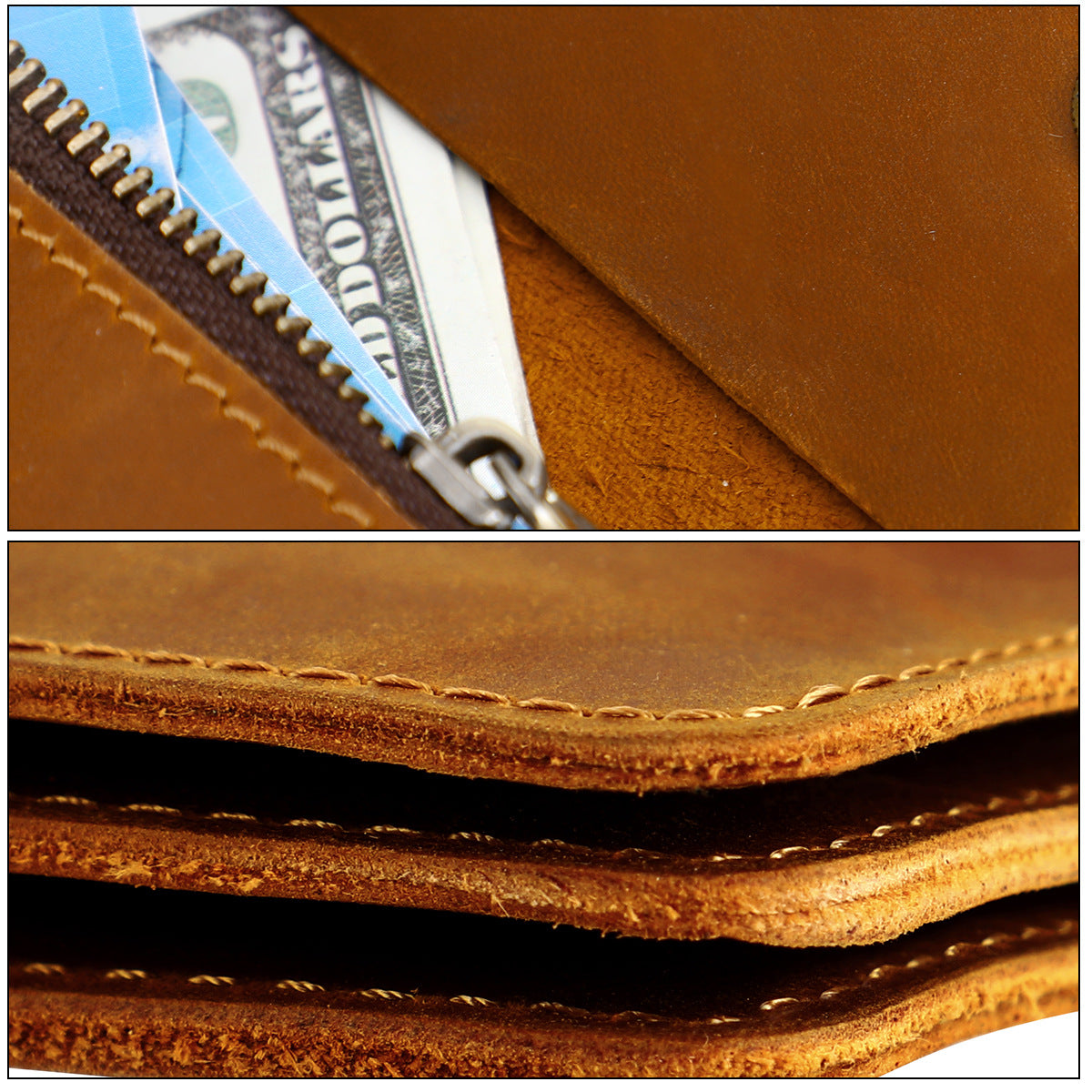 Blue Vintage Handmade Crazy Horse Leather Wallet - Compact Card Holder & Zippered Coin Purse with Snap Closure - Image 8