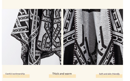 Red Bohemian Ethnic Print Blanket Poncho - Warm Windproof Oversized Shawl Wrap (130x150cm) - Image 3