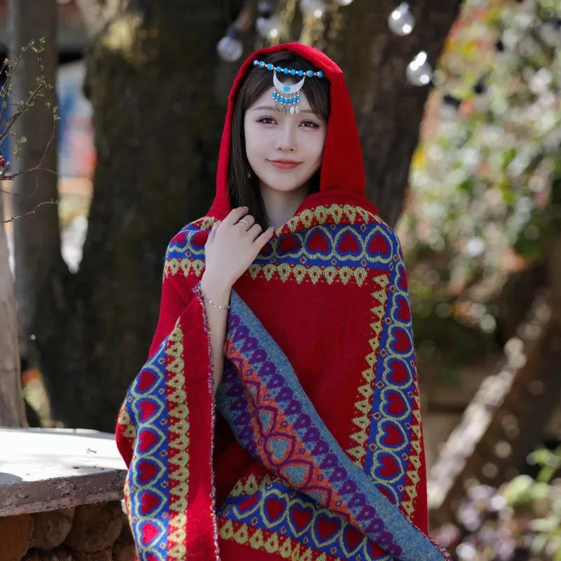 Red Hearts Soft Faux Cashmere Poncho Cape - Oversized Winter Shawl Wrap (130x150cm)