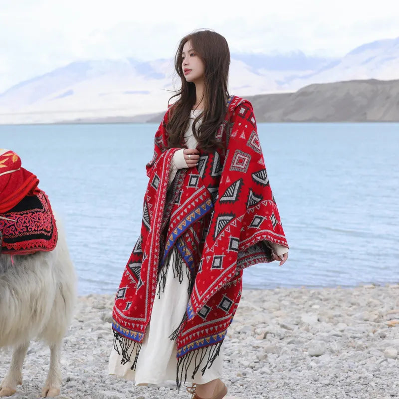 Rhombus Red Soft Faux Cashmere Poncho Cape - Oversized Winter Shawl Wrap (130x150cm)