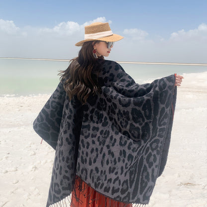 Black-grey Bold Leopard Print Poncho Cape - Women's Warm Oversized Shawl Wrap (130x150cm) - Image 3