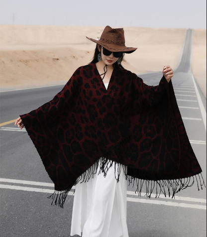Wine-red Bold Leopard Print Poncho Cape - Women's Warm Oversized Shawl Wrap (130x150cm) - Image 3