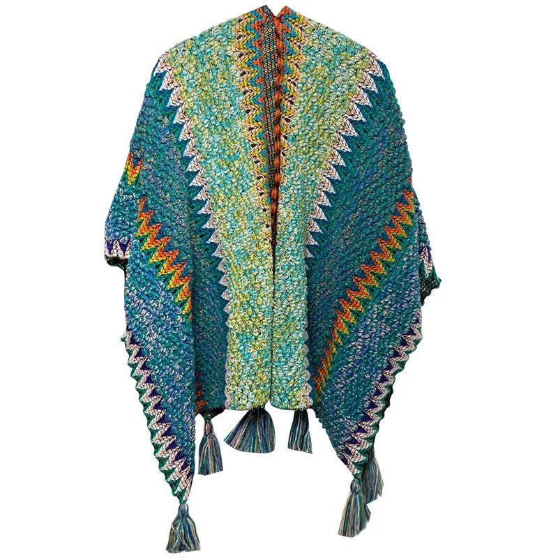 Blue Cozy Knitted Poncho Cape - Thick Mohair Blend Winter Shawl Wrap (106x135cm)