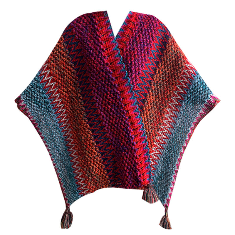 Rose Red Cozy Knitted Poncho Cape - Thick Mohair Blend Winter Shawl Wrap (106x135cm)