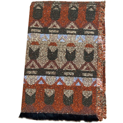 Brick Red Extra Large Ethnic Print Faux Lambswool Shawl - Cozy Winter Wrap Scarf (70x211cm)
