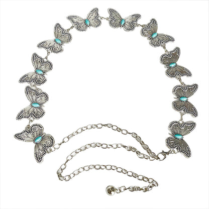 Turquoise Butterfly Belt Chain-Silver Set of 4 Bohemian Ethnic Style Metal Waist Chains - Versatile Fashion Belts for Dresses & Shirts