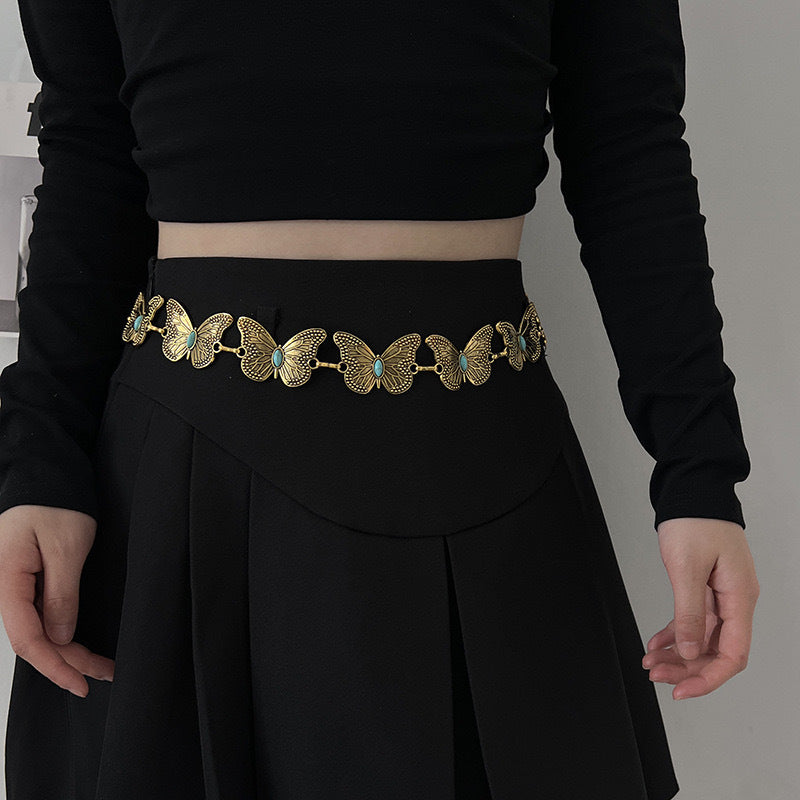 Turquoise Butterfly Belt Chain-Gold Set of 4 Bohemian Ethnic Style Metal Waist Chains - Versatile Fashion Belts for Dresses & Shirts - Image 2