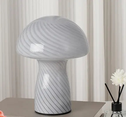 Stripe-Pure Grey-white Retro Swirl Glass Mushroom Table Lamp - LED Bedside Night Light