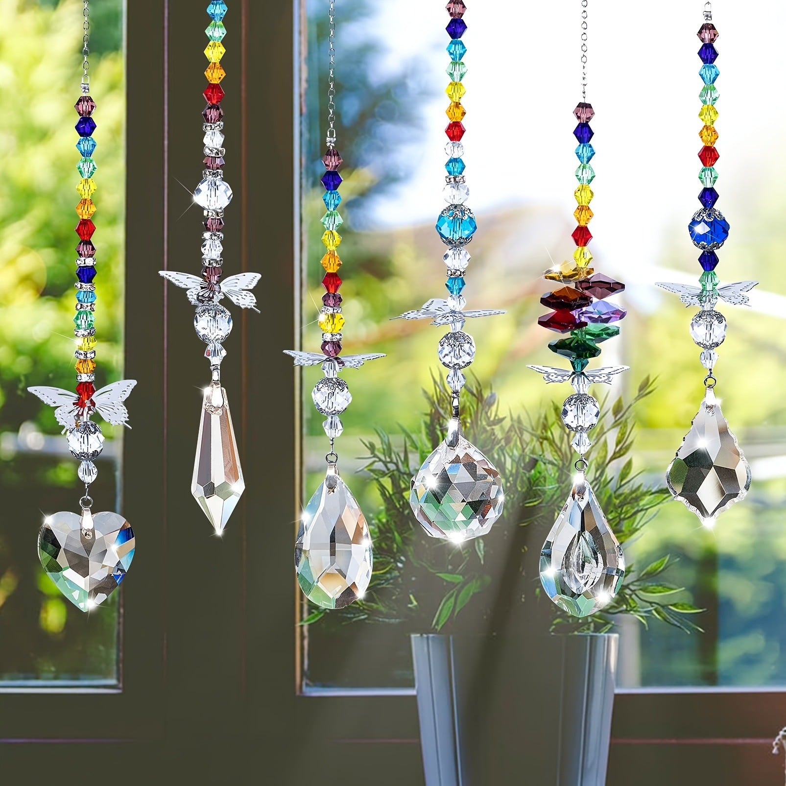 Set of 6 Crystal Suncatcher Hanging Ornaments - Butterfly Star Moon Prism Window Decor - Image 4