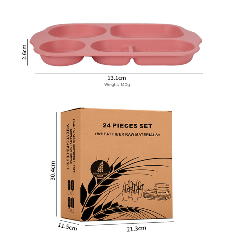 Pink Durable Eco-Friendly Wheat Straw Dinnerware Set - 24 Pieces with Plates, Bowls, Cups & Cutlery - Image 4