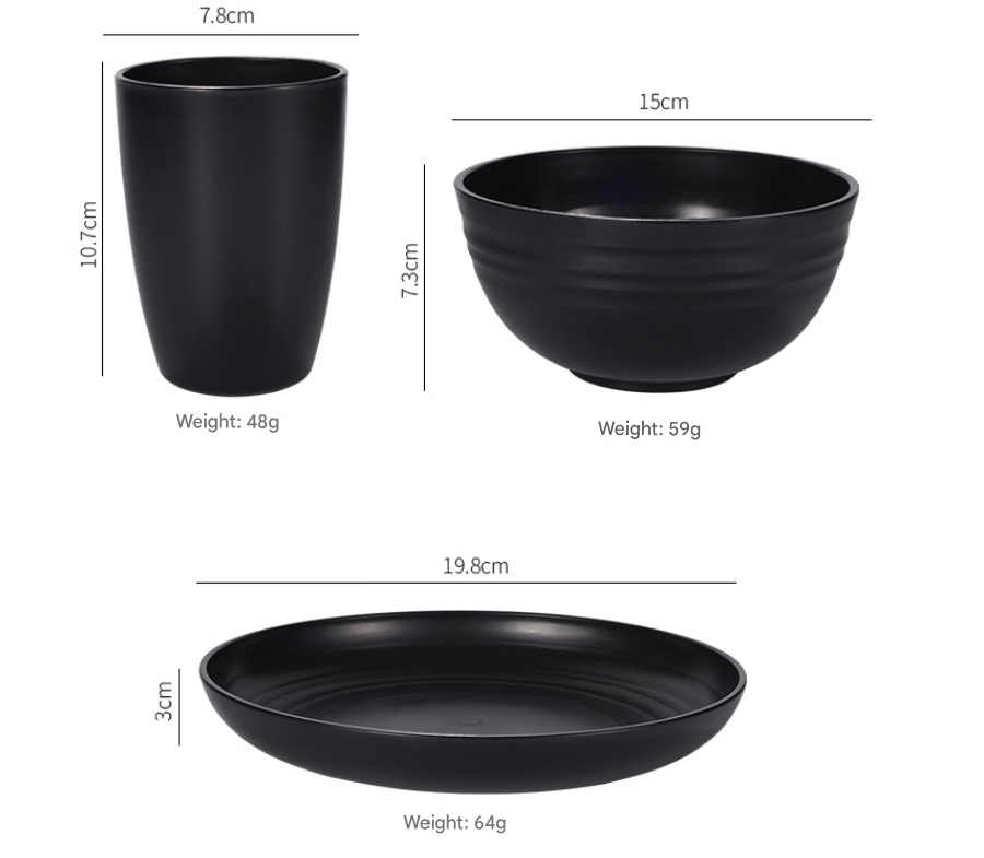 Stylish Black Wheat Straw Dinnerware Set - 24 Pieces Including Plates, Bowls & Cups - Image 2