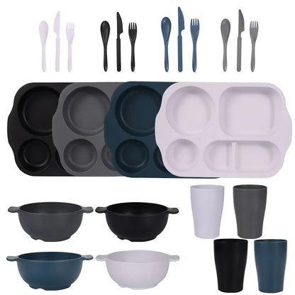 Black, Dark Grey, White, Dark Blue Durable Eco-Friendly Wheat Straw Dinnerware Set - 24 Pieces with Plates, Bowls, Cups & Cutlery